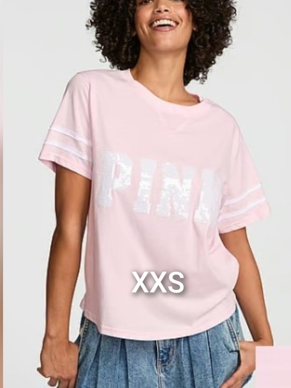 SZ XXS VS PINK V-STICH CREWNECK BOXY CAMPUS BLING RAGLAN TEE.